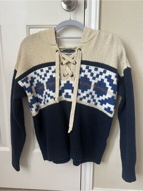 American Eagle Outfitters Navy Cream Lace-Up Geo Tribal Knit Sweater with Hood
